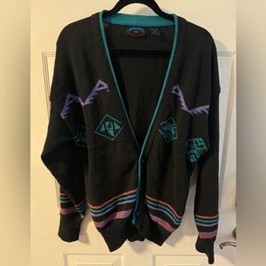 Vintage Bugle Boy Aztec Stipe Eclectic Grandpa Button Up Cardigan Purple Teal